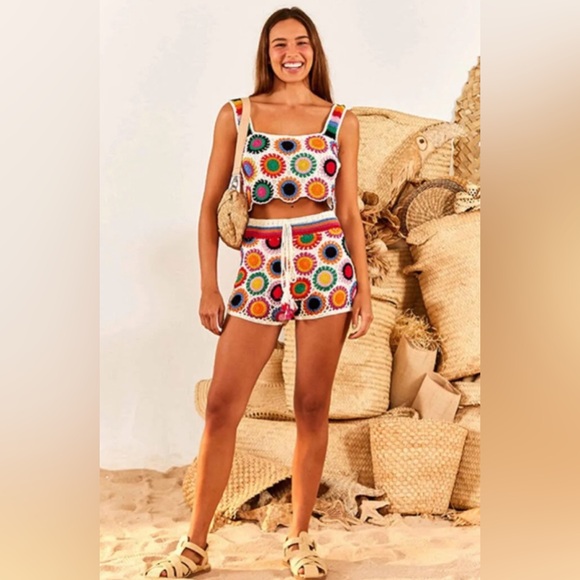 FARM Rio Tops - FARM Rio Set Multi Circles Crochet Shorts and Top Set XL